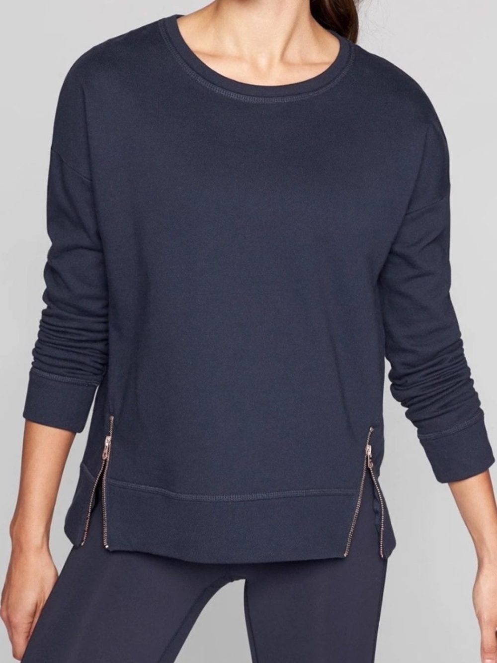 Athleta Cityscape Navy Blue Rose Gold Zipper Sides Crewneck Sweatshirt
